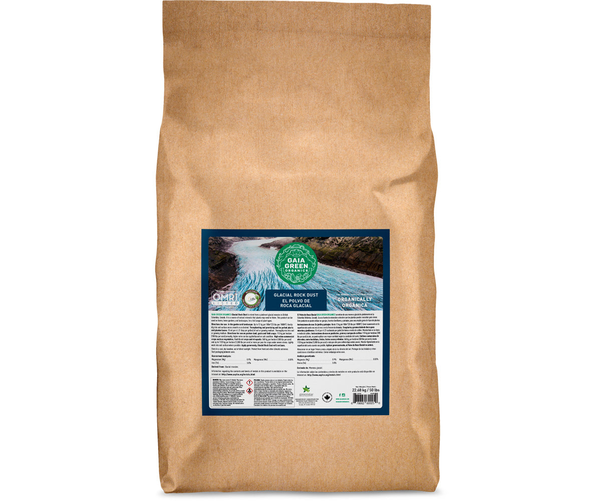 A large brown paper bag of Gaia Green Glacial Rock Dust, a mineral soil amendment for plants and gardening.