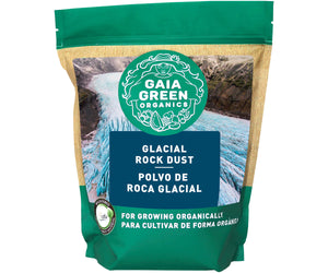A standing green pouch of Gaia Green Glacial Rock Dust, an organic fertilizer supplement with a glacier photo label.