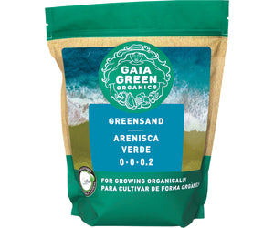 Gaia Green Greensand in a green resealable stand-up pouch, an organic soil amendment for gardening.