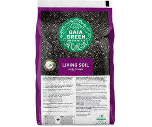 1.5 cu ft bag of Gaia Green Living Soil featuring a purple and green design with a visible window showing soil texture.