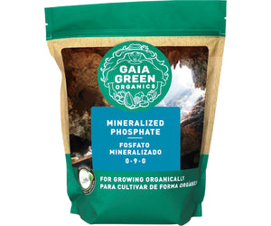 Gaia Green Mineralized Phosphate 0-9-0 organic plant fertilizer in a green and tan standing pouch.