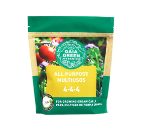 Gaia Green Organic All Purpose 4-4-4 fertilizer in a green, stand-up pouch featuring a garden image and yellow label.