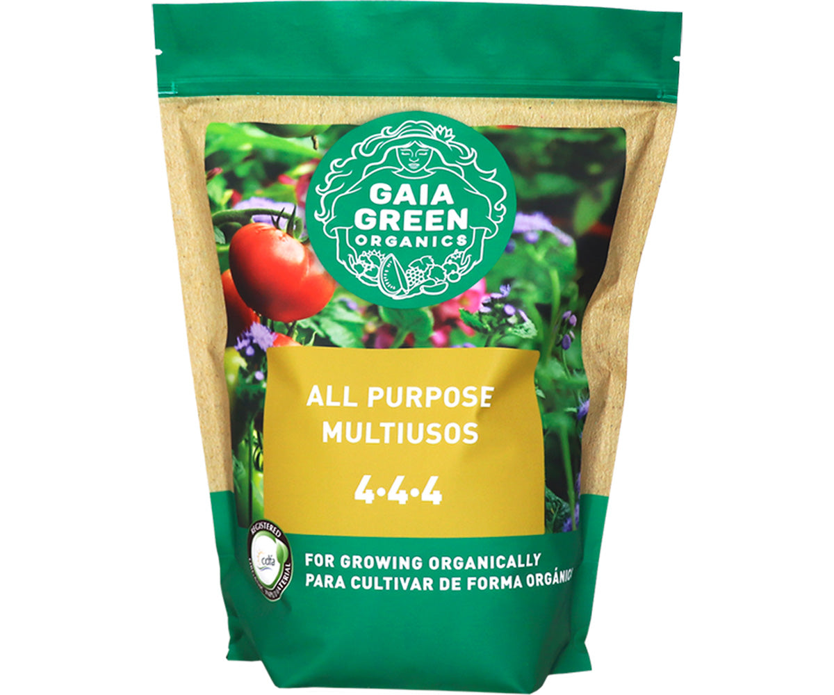 Gaia Green Organic All Purpose 4-4-4 fertilizer in a green and tan standing pouch featuring a garden image.