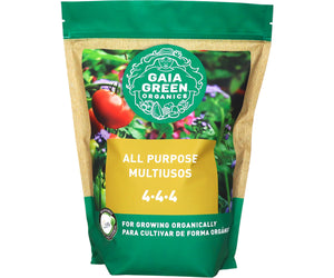 Gaia Green Organic All Purpose 4-4-4 fertilizer in a green and tan standing pouch featuring a garden image.