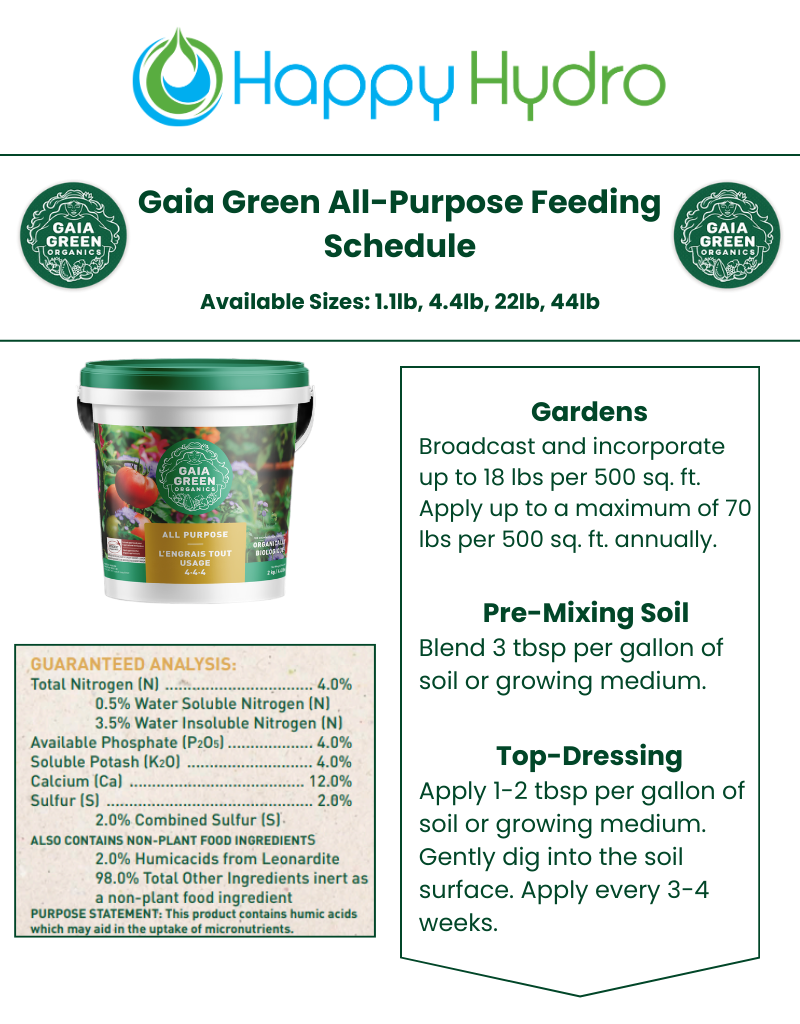 Gaia Green All-Purpose organic dry fertilizer in a white bucket, featuring application instructions and analysis.