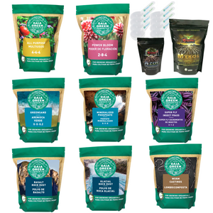 Gaia Green organic fertilizer and soil amendment bags with labels, plus Xtreme Gardening supplements and plastic scoops.