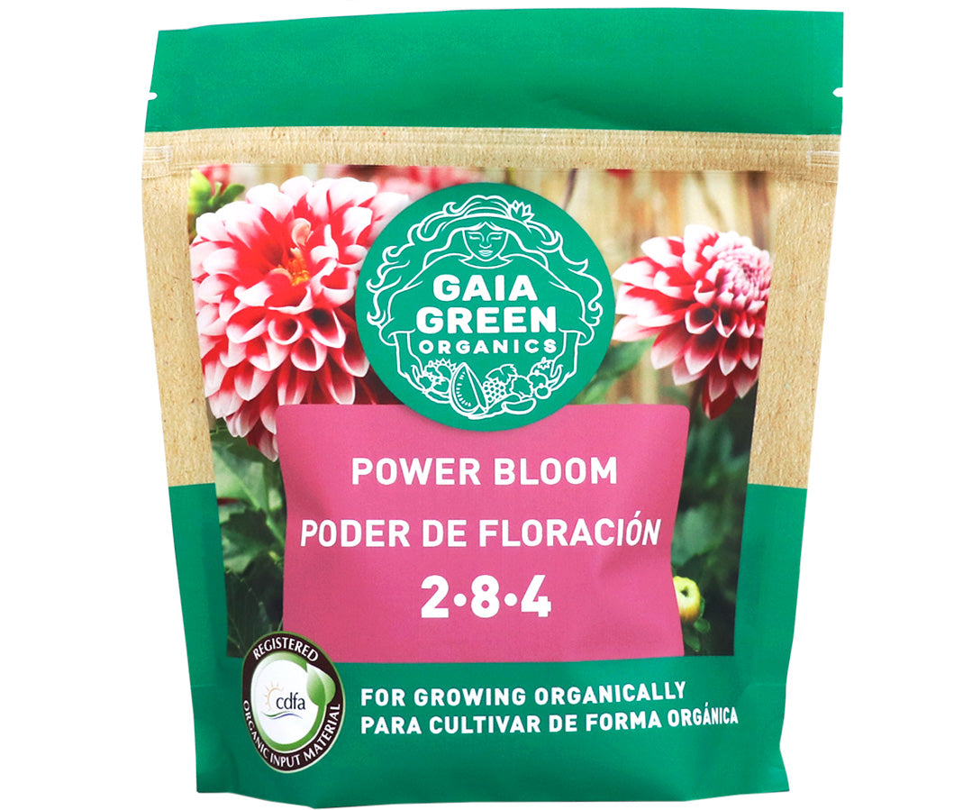 Gaia Green Power Bloom 2-8-4 organic fertilizer in a green and tan pouch, featuring floral graphics for plant blooming.