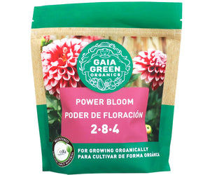 Gaia Green Power Bloom 2-8-4 organic fertilizer in a green and tan pouch, featuring floral graphics for plant blooming.