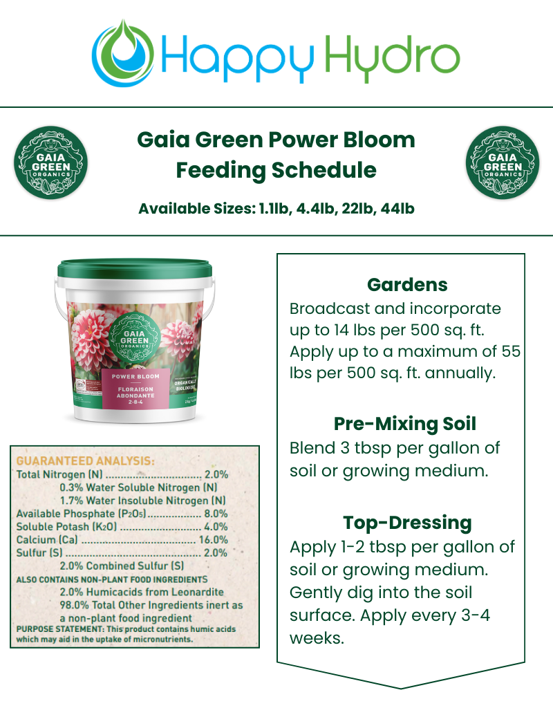 Gaia Green Power Bloom 2-8-4 fertilizer in a white plastic pail with a green lid, featuring pink flower graphics.