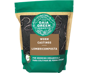 Gaia Green Organic Worm Castings in a stand-up pouch, a nutrient-rich soil amendment for organic gardening.