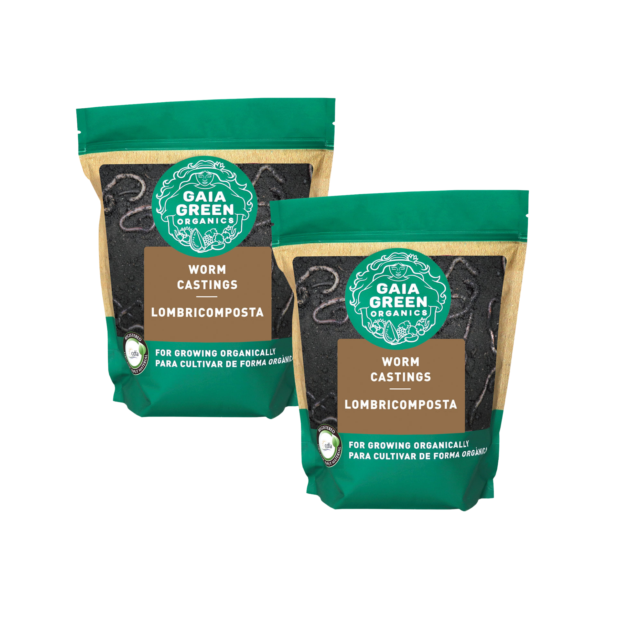 Two bags of Gaia Green Worm Castings organic soil fertilizer in green and brown stand-up pouches.