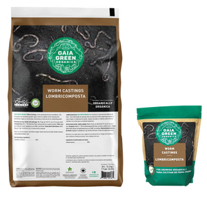 Gaia Green worm castings in large and small plastic bags featuring a green logo and text for organic soil amendment.