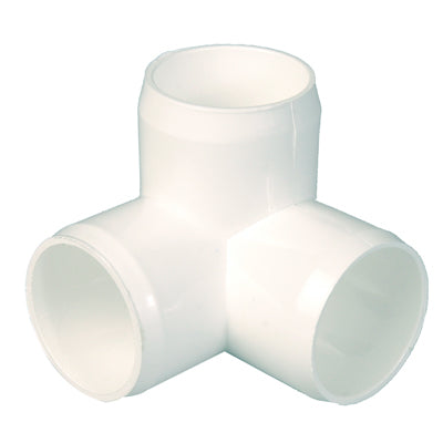White 3-way 1-inch PVC corner fitting used for assembling Grassroots fabric bed frames.