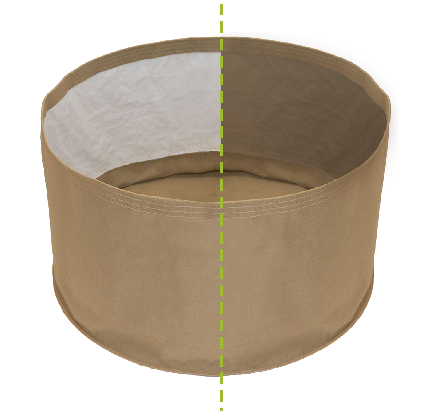 Grassroots tan fabric grow pot, split to show white interior liner for healthy root aeration and soil moisture retention.