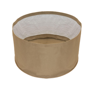 Empty round Grassroots Living Soil fabric plant pot with tan exterior and white interior lining on a black background.