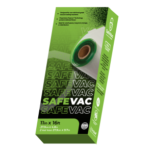 Grove Bags SafeVac Terploc 11-inch clear plastic vacuum seal roll in a green branded box for long-term flower storage.