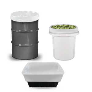 Grove Bags TerpLoc liners in white plastic, shown inside grey drums, white buckets, and black totes for herb storage.