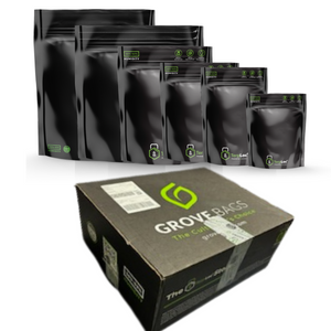 Black TerpLoc curing bags of various sizes for moisture control, displayed with a bulk shipping box.