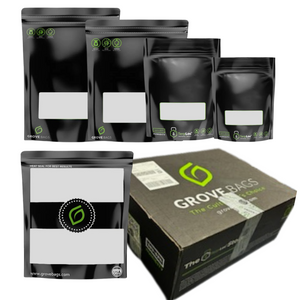 Black Grove Bags with clear windows for curing herbs, shown in various sizes alongside a bulk shipping box.