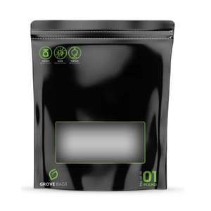 Black Grove Bag curing pouch with a clear window, green icons, and label indicating a one-pound capacity for storage.