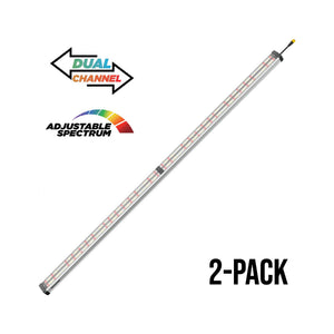 GrowPros 2-pack of 8ft, 300W linear LED under-canopy grow lights with dual-channel, full-spectrum UV/IR adjustable output.