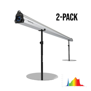 Two 8-foot silver, full-spectrum LED under-canopy grow light bars on adjustable black stands for indoor gardening.