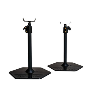 Two black, adjustable telescopic pod stands with hexagonal bases for supporting garden plant canopies.