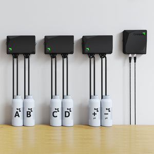 Growee Pro Combo Doser: black wall-mounted control units with tubes connecting to white labeled nutrient/pH bottles.