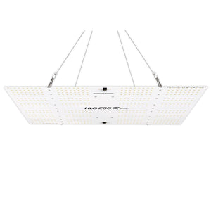 White rectangular HLG 200 Rspec LED grow light panel with metal hanging wires for indoor plant cultivation.