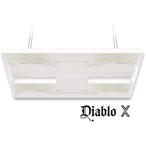 White rectangular HLG 750 Diablo X LED grow light with four LED boards for efficient indoor plant cultivation.