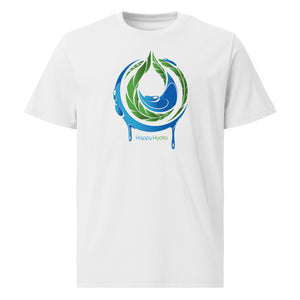 White organic cotton T-shirt featuring a green leaf and blue water drop logo for Happy Hydro.