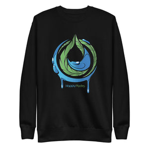 Black crewneck sweatshirt featuring a Happy Hydro logo of a blue water drip surrounded by green leaves.