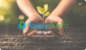 $50 Happy Hydro gift card featuring a person holding a small green sprout in dark soil with the brand logo.