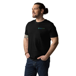 A man wears a black, short-sleeved 100% organic cotton T-shirt featuring a small "Happy Hydro" logo on the chest.