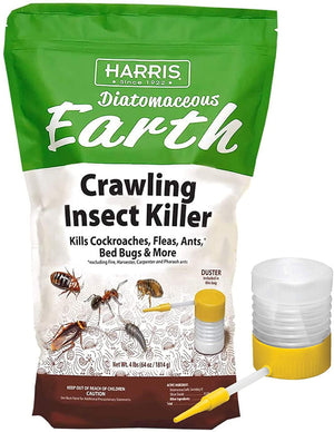 A 4lb white-and-green bag of Harris Diatomaceous Earth insect killer with an included yellow-and-clear powder duster.
