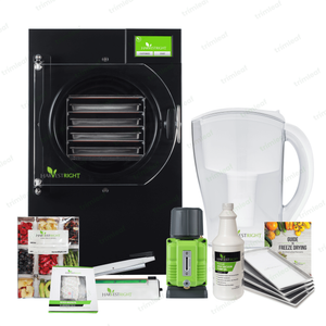 Harvest Right black 4-tray home freeze dryer with vacuum pump, oil, Mylar bags, and accessories for food preservation.