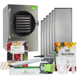 Harvest Right Large stainless steel 6-tray freeze dryer with vacuum pump, sealer, Mylar bags, and guide for food storage.