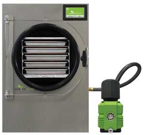 Harvest Right pharmaceutical freeze dryer in brushed stainless steel with a circular door and green vacuum pump.