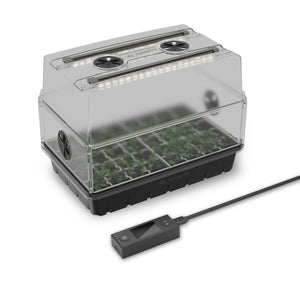AC Infinity germination kit with LED-lit humidity dome, height extension, 5x8 tray, and digital controller for seedlings.