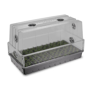 Clear, 3mm thick heavy-duty humidity dome with height extension on a 6x12 nursery tray for starting seedlings.