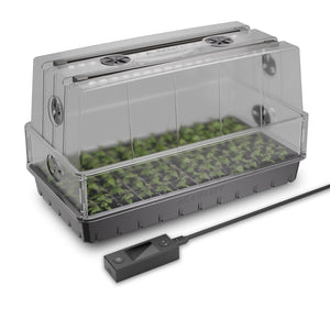 Clear rectangular hydroponic germination dome with integrated LED lights, black base, and digital controller on white.