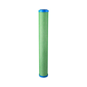 Hydro Logic coconut carbon filter, a tall, green, mesh-wrapped cylinder with blue caps for water purification systems.