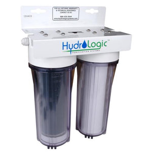 Hydro Logic Small Boy water filter with white bracket and two clear canisters containing black and white filter cartridges.