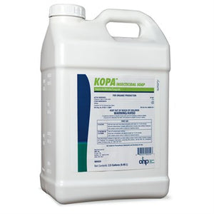 A 2.5-gallon white plastic jug of KOPA Insecticidal Soap, used for organic pest and fungicide control in gardening.