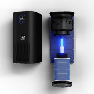 Black Mammoth HEPA air purifier and surface sanitizer with an exposed internal blue UV light and cylindrical filter.