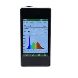 Mammoth PAR meter and spectrometer in a black handheld device showing a colorful light spectrum graph on its screen.