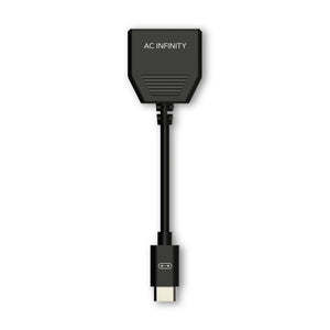 Black AC Infinity Molex to UIS port adapter conversion cable with a rectangular connector and plastic cord.
