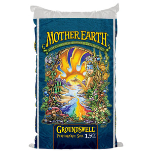 A vertical bag of Mother Earth Groundswell Performance Potting Soil with colorful, fantasy-style nature illustrations.