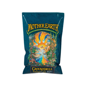 A bag of Mother Earth Groundswell potting soil featuring colorful, psychedelic nature-themed artwork on a dark blue background.