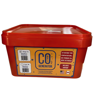 Mother Nature CO2 Generator kit in a rectangular orange plastic bucket with a yellow information label for gardening.